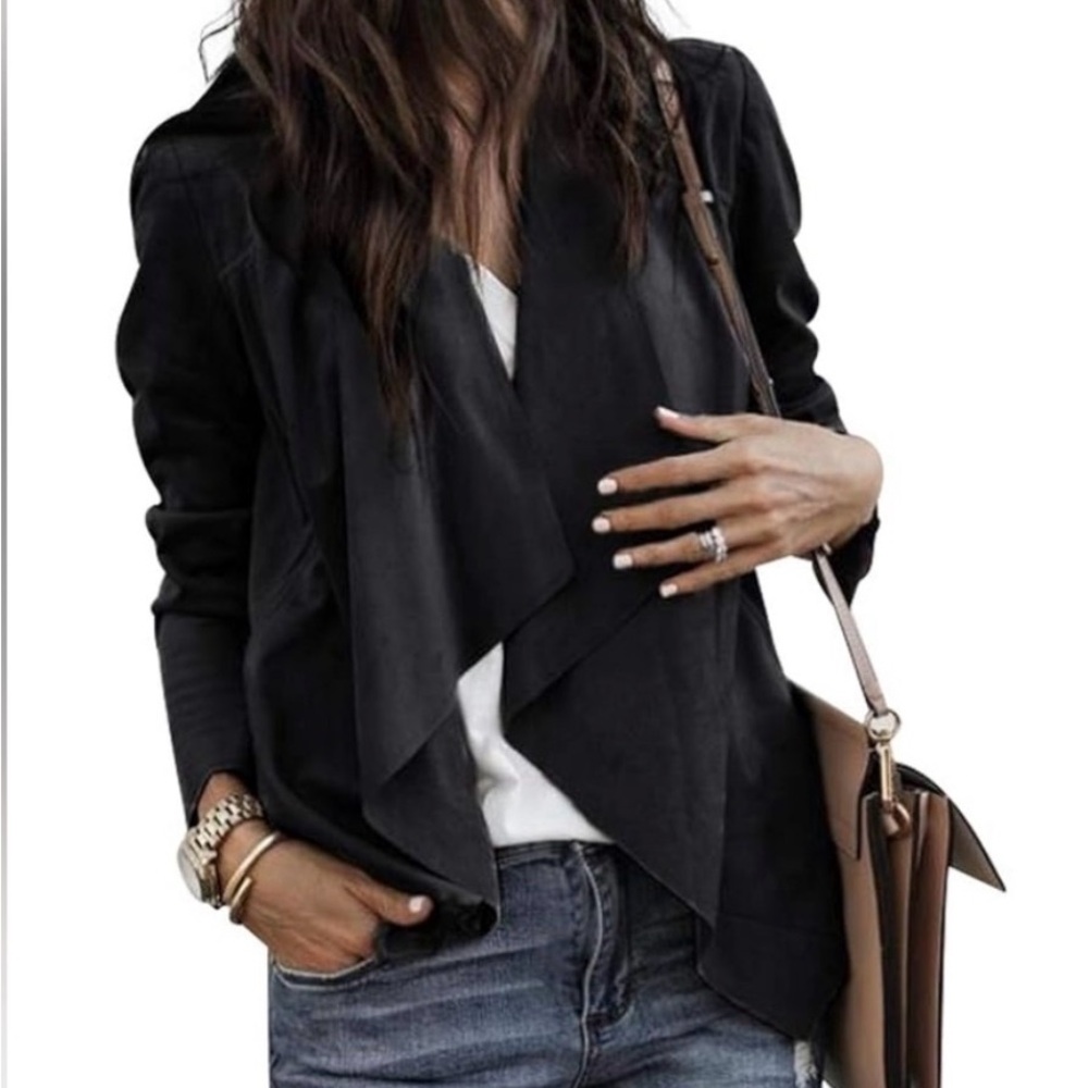 Dynamite Black Draped Open-Front Jacket - faux suede